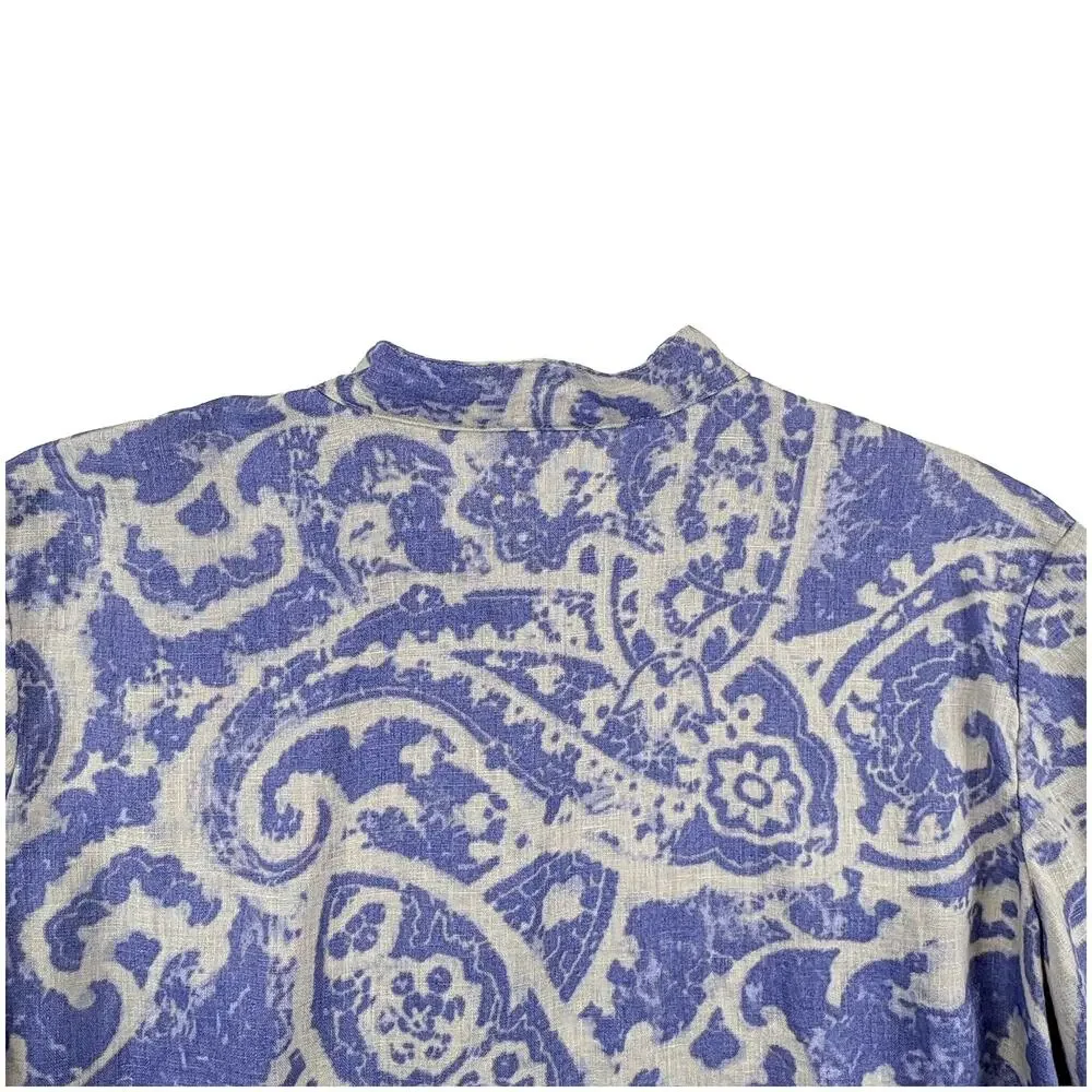 Coldwater Creek Linen Paisley Tunic Women 1X Blue White Pintuck Coastal